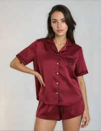 On Set Studios Short Sleeve Pyjama Top in Burgundy