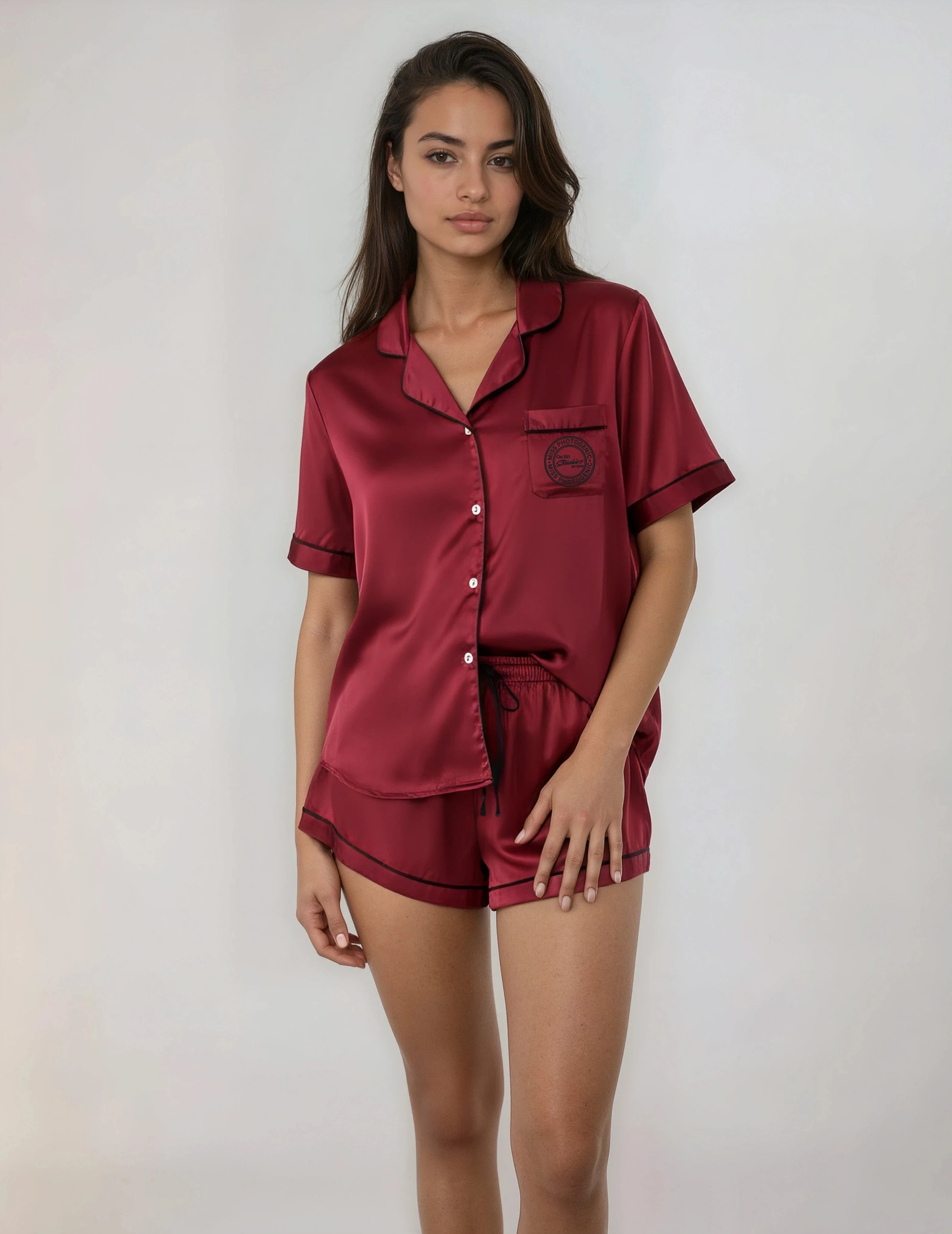 On Set Studios Short Sleeve Pyjama Top in Burgundy