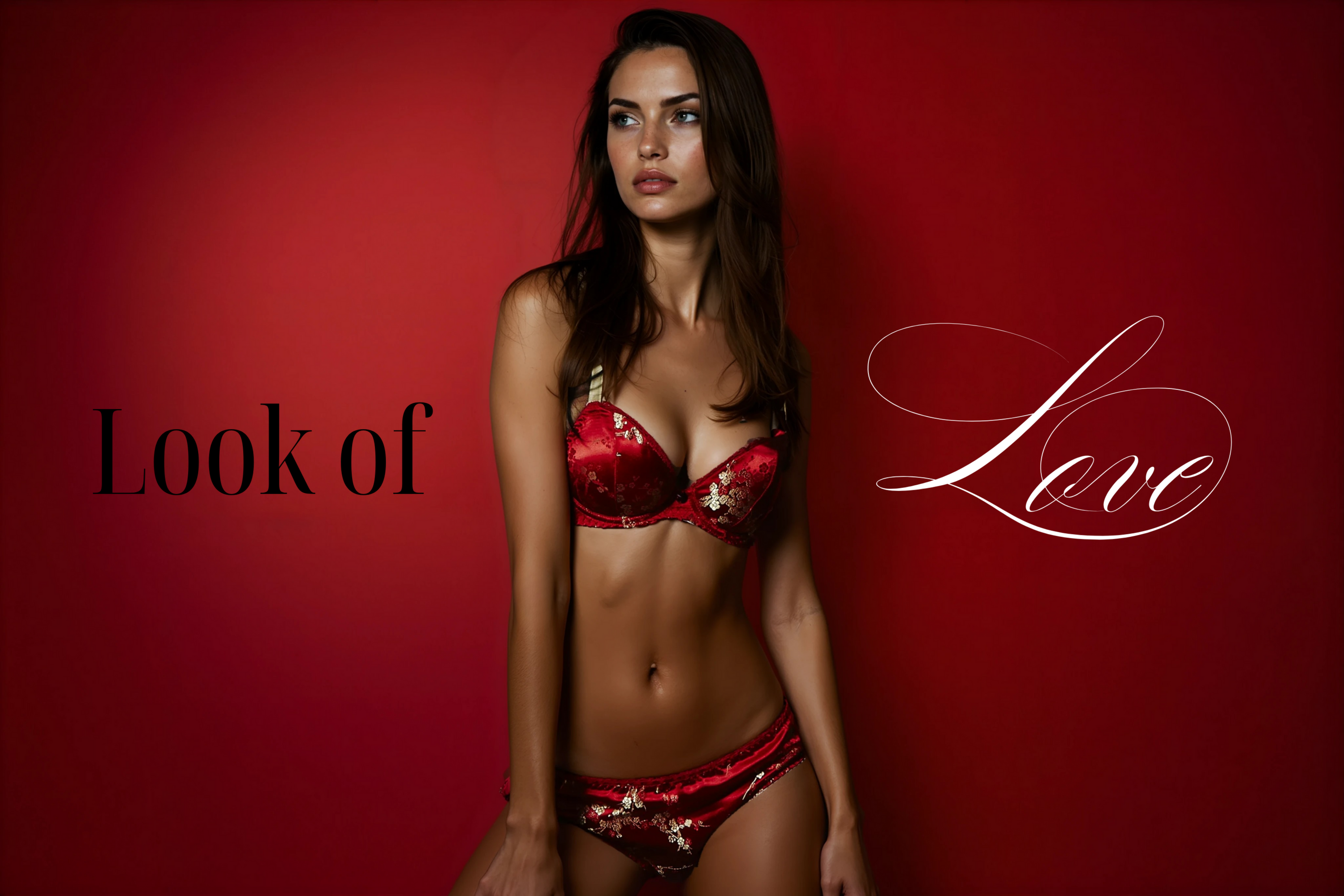 Woman wearing a red lingerie with 'Look of Love' text on a red background