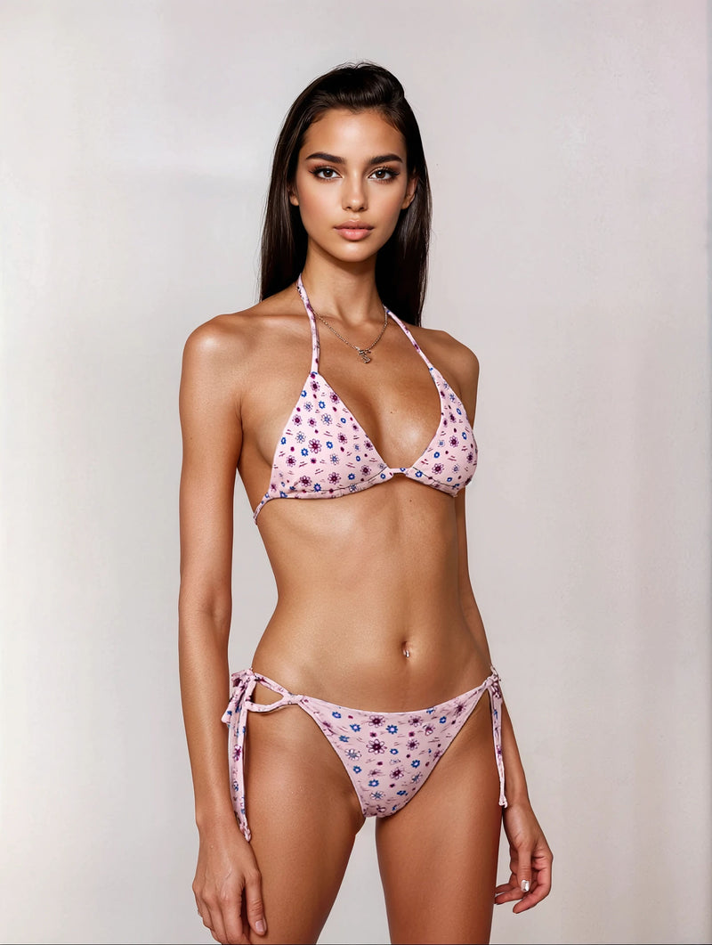 Ditsy Flower Logo Print Bikini Top - Blush