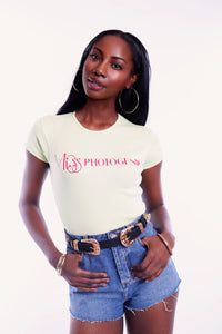 Lime Ribbed Short Sleeve Pink Logo T Shirt