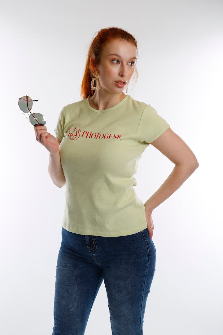 Lime Ribbed Short Sleeve Miss Photogenic® Pink Logo T Shirt, t shirt - Miss Photogenic