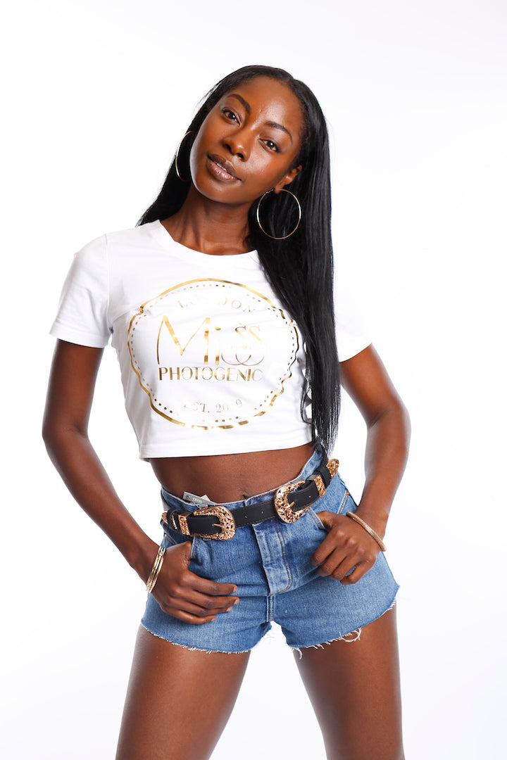 White Miss Photogenic® Crop Logo T Shirt, cropped t shirt - Miss Photogenic