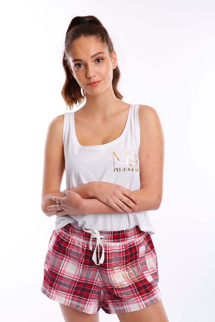 Red Tartan Shorts & Oversized Logo Sleep Set